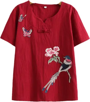 Women Cotton Linen Casual Vintage Summer Embroidery T-Shirt O-Neck Loose Chinese Style Buckle Top Female Tee Hanfu