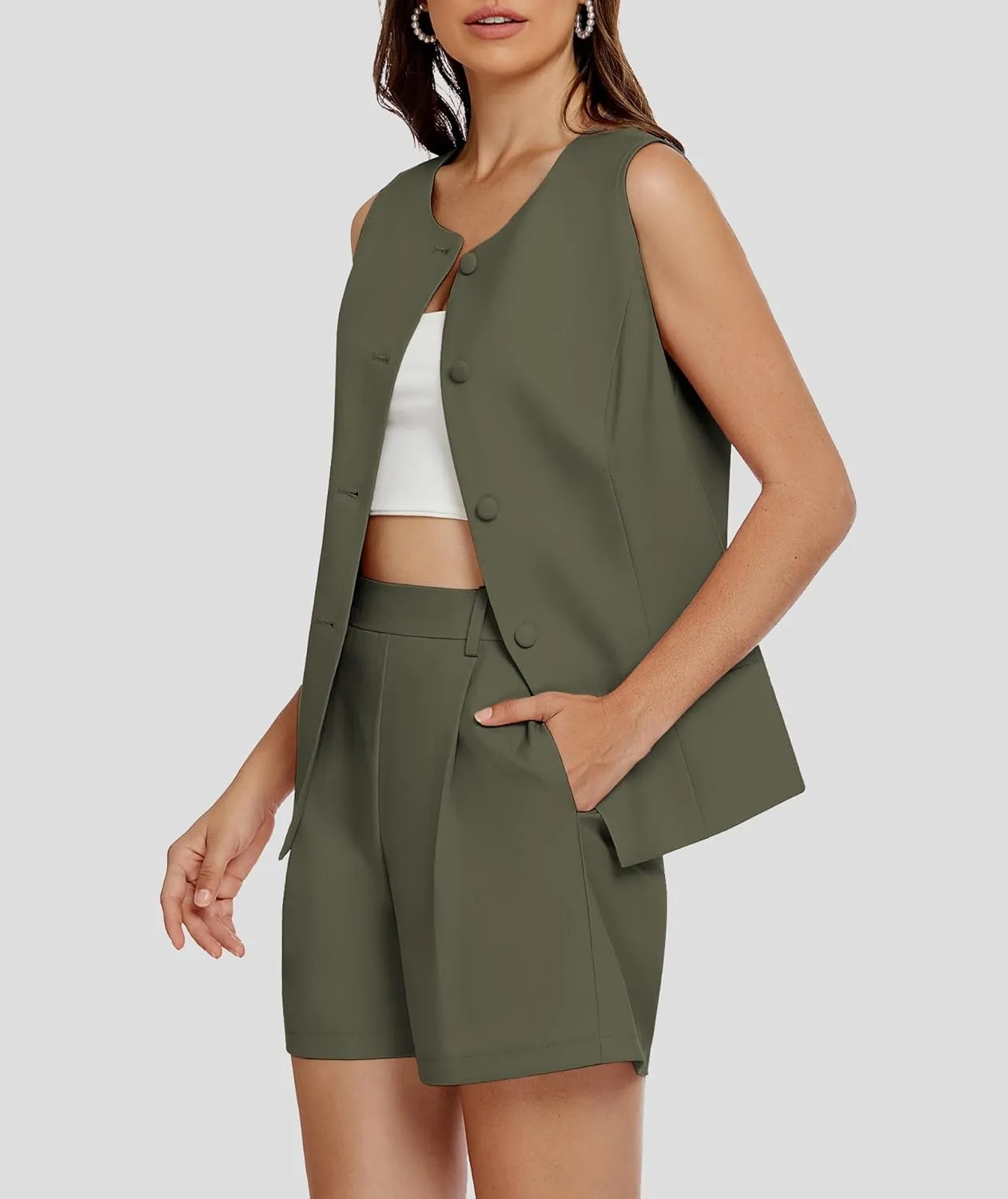 Women's 2 Piece Blazer Suit Set Summer Business Matching Sets Crew Neck Button Vest Shorts Dressy Work Outfits