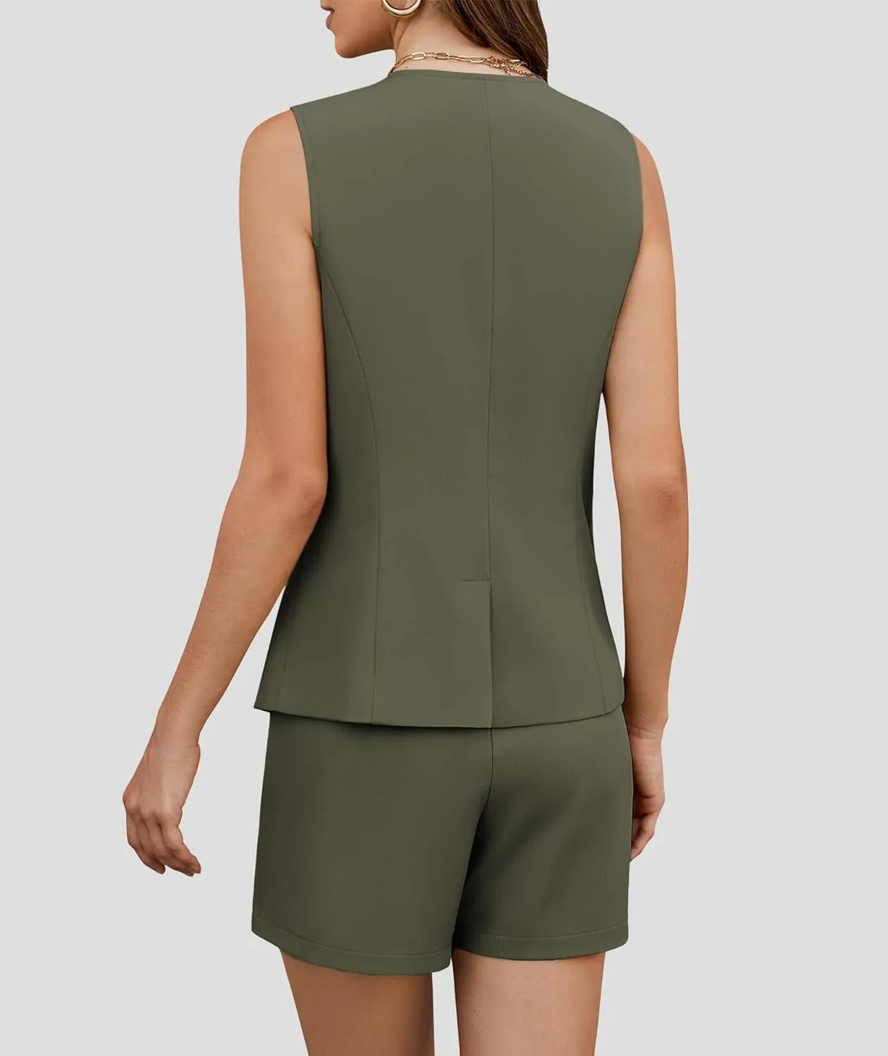Women's 2 Piece Blazer Suit Set Summer Business Matching Sets Crew Neck Button Vest Shorts Dressy Work Outfits