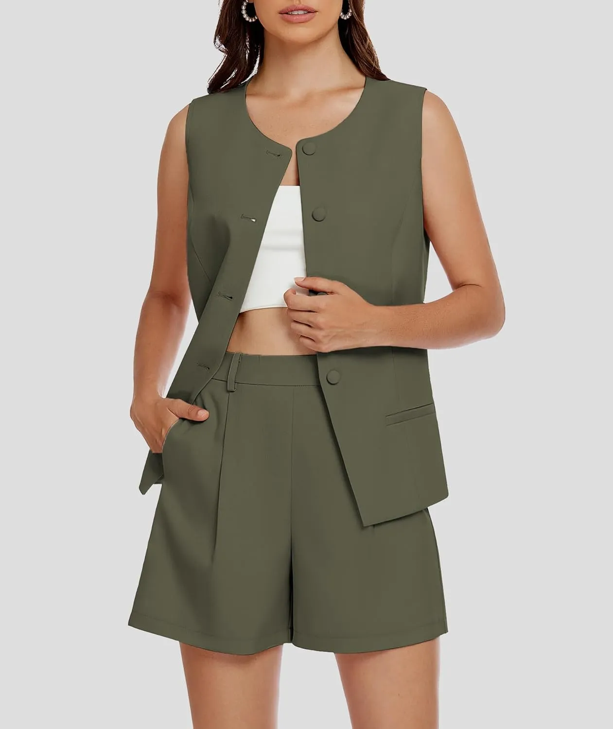 Women's 2 Piece Blazer Suit Set Summer Business Matching Sets Crew Neck Button Vest Shorts Dressy Work Outfits