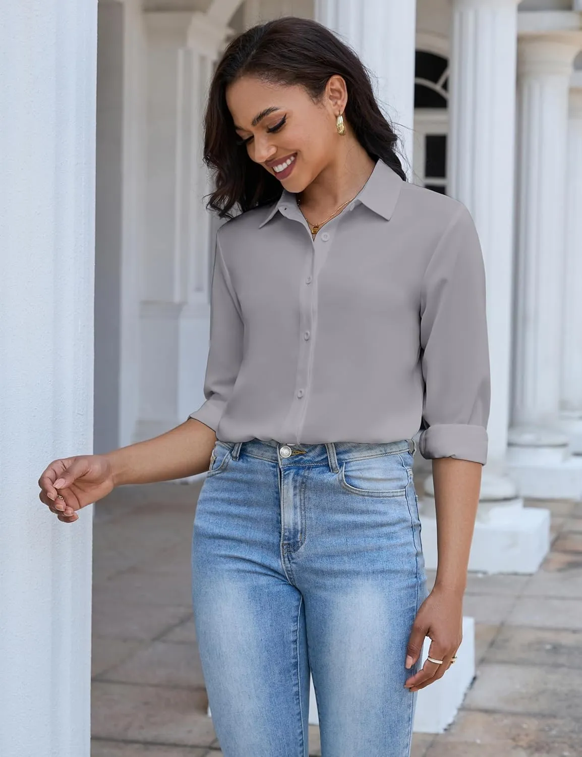 Women's Button Down Shirt Classic Long Sleeve Collared Tops Work Office Chiffon Blouse