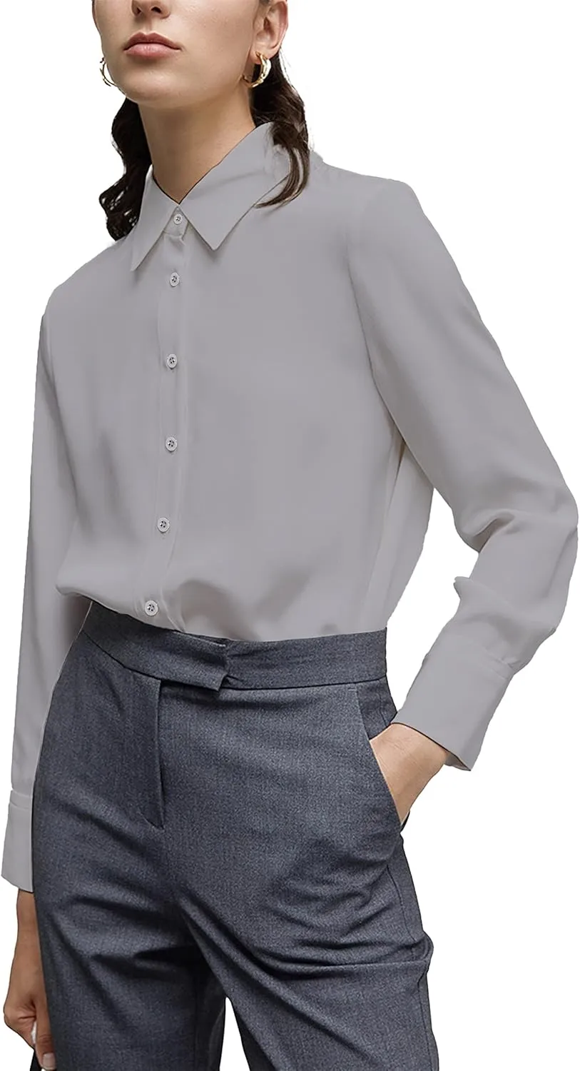 Women's Button Down Shirt Classic Long Sleeve Collared Tops Work Office Chiffon Blouse