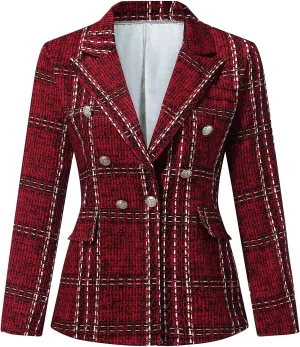 Womens Casual Plaid Blazer Long Sleeve Double Breasted Jacket Lapel Collar Coat Suit Winter Work Office Blazer Jackets