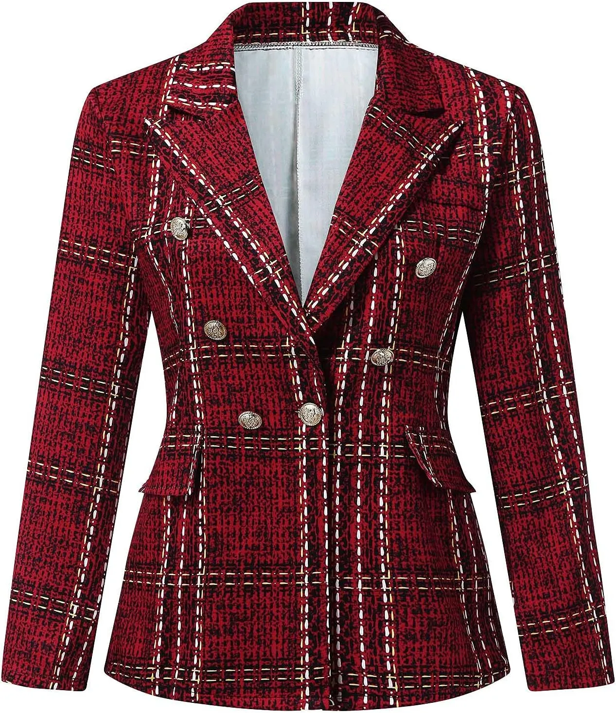 Womens Casual Plaid Blazer Long Sleeve Double Breasted Jacket Lapel Collar Coat Suit Winter Work Office Blazer Jackets